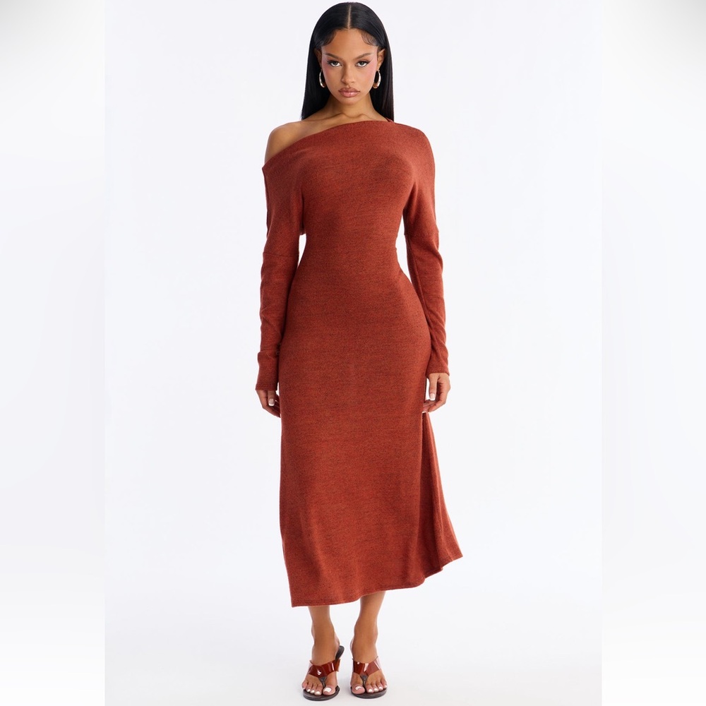 Off-Shoulder Long Sleeve Rust Knit Dress